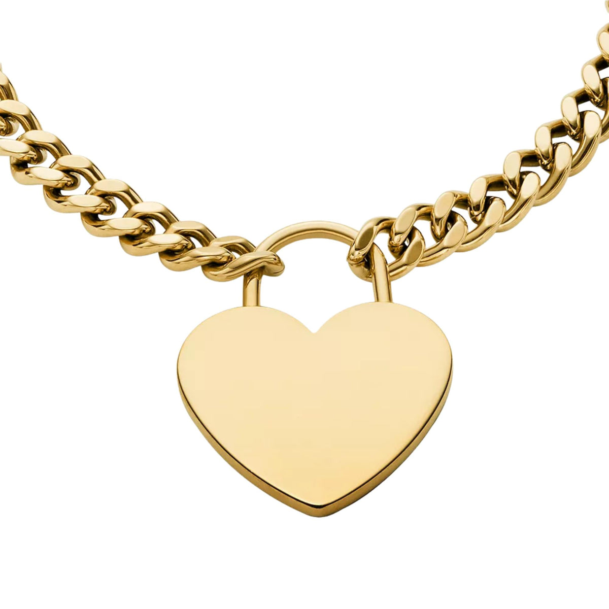 Gold-tone heart charm bracelet close-up with double-loop heart pendant and curb links