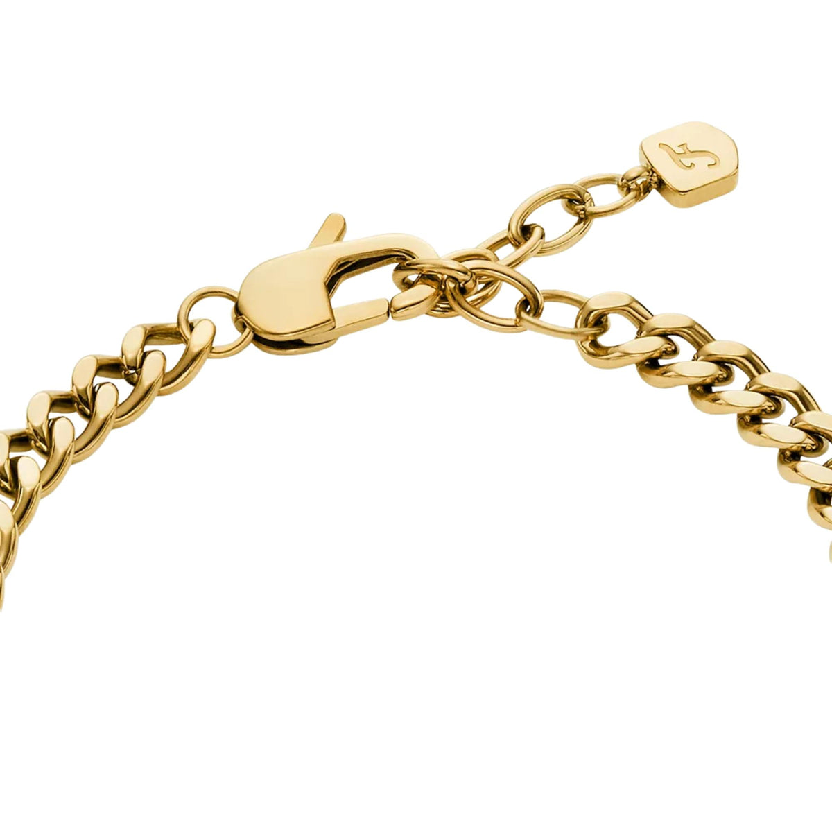 Gold-tone heart charm bracelet clasp and link detail with small logo tag