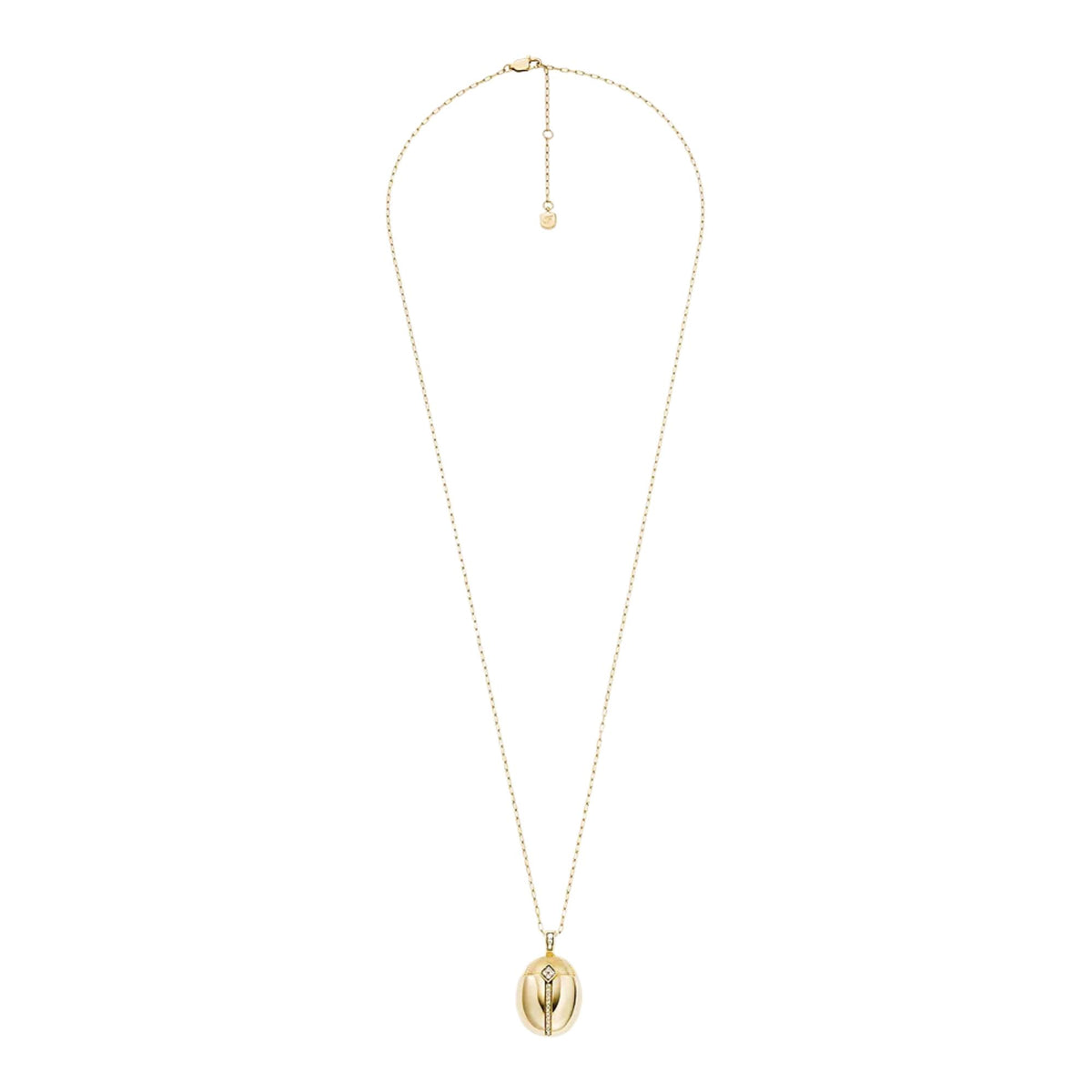 Gold-tone pendant necklace with long chain and round charm featuring crystal center detail