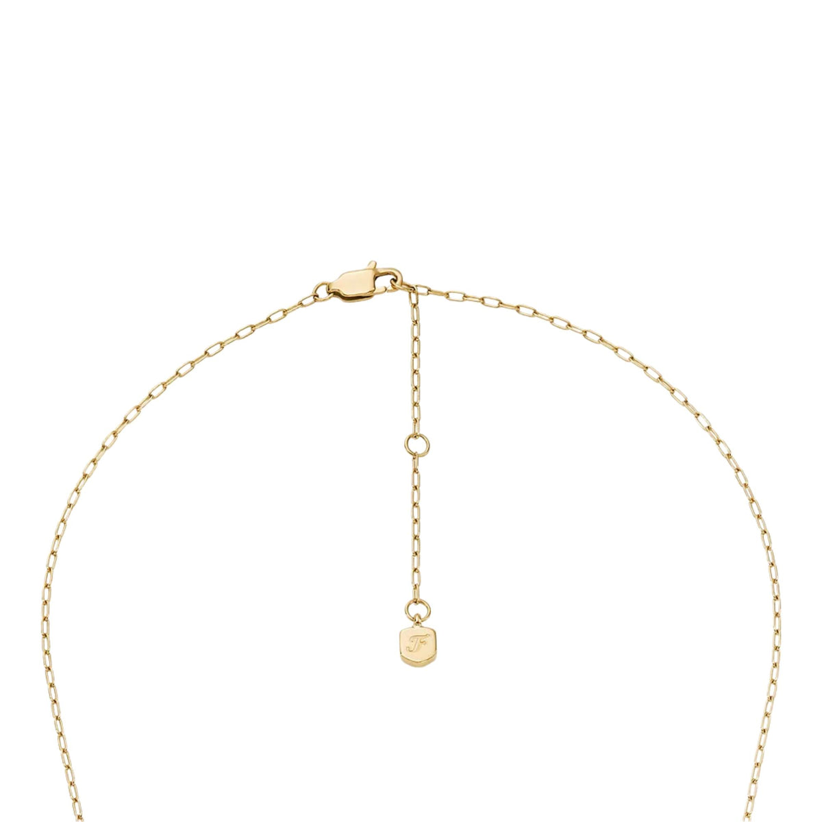 Gold-tone chain necklace with small rectangular charm and lobster clasp detail