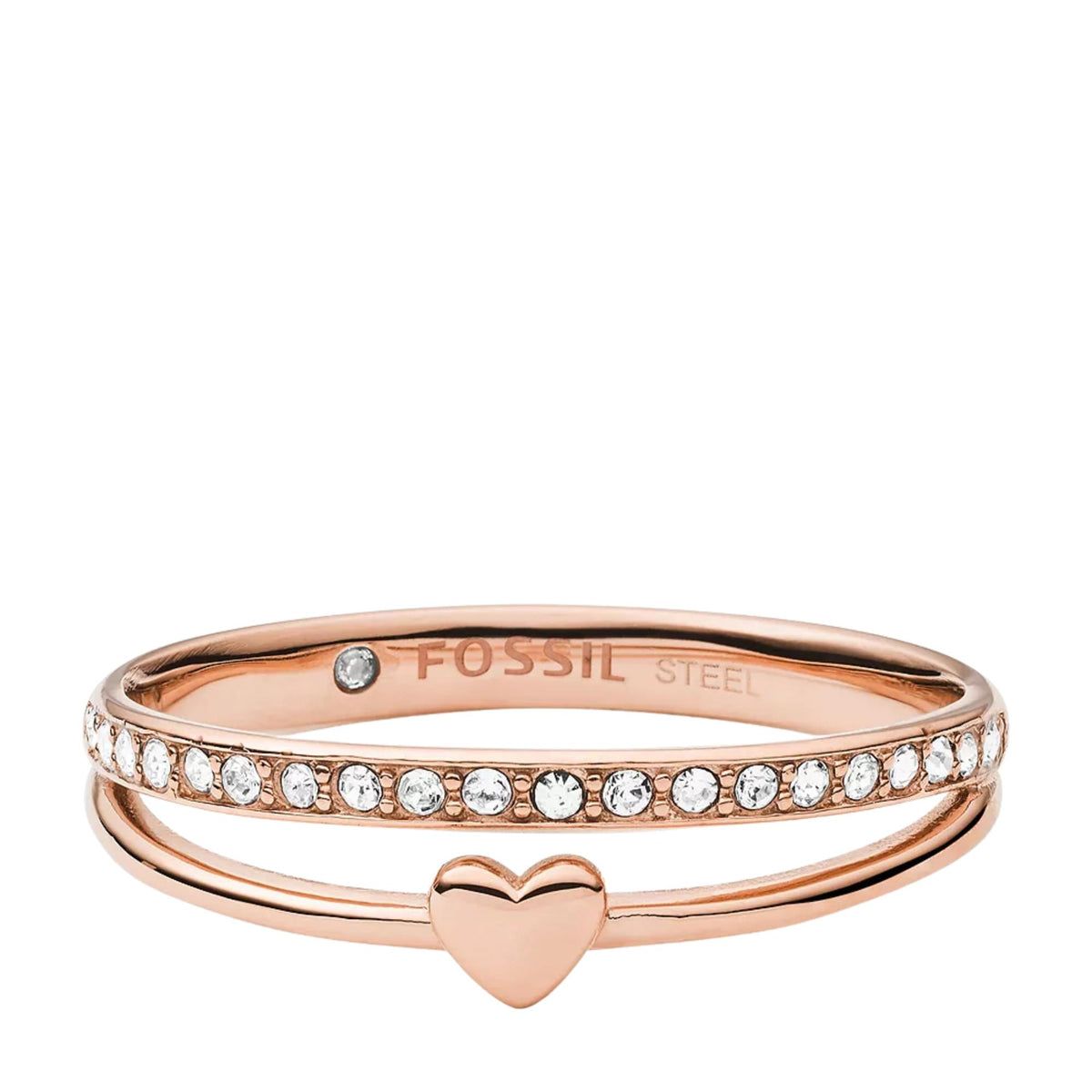 Fossil rose gold-tone heart ring with crystal-lined band and center heart charm