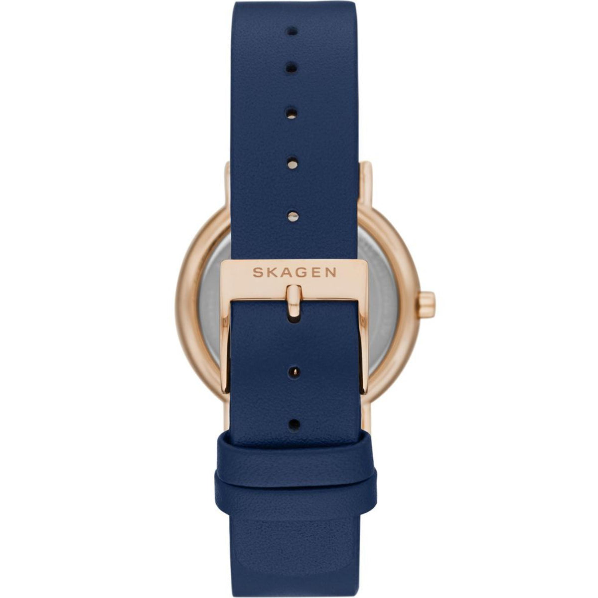 Rear View of Blue Leather Strap with Engraved Rose Gold-Tone Buckle on Skagen Signatur Lille SKW2838