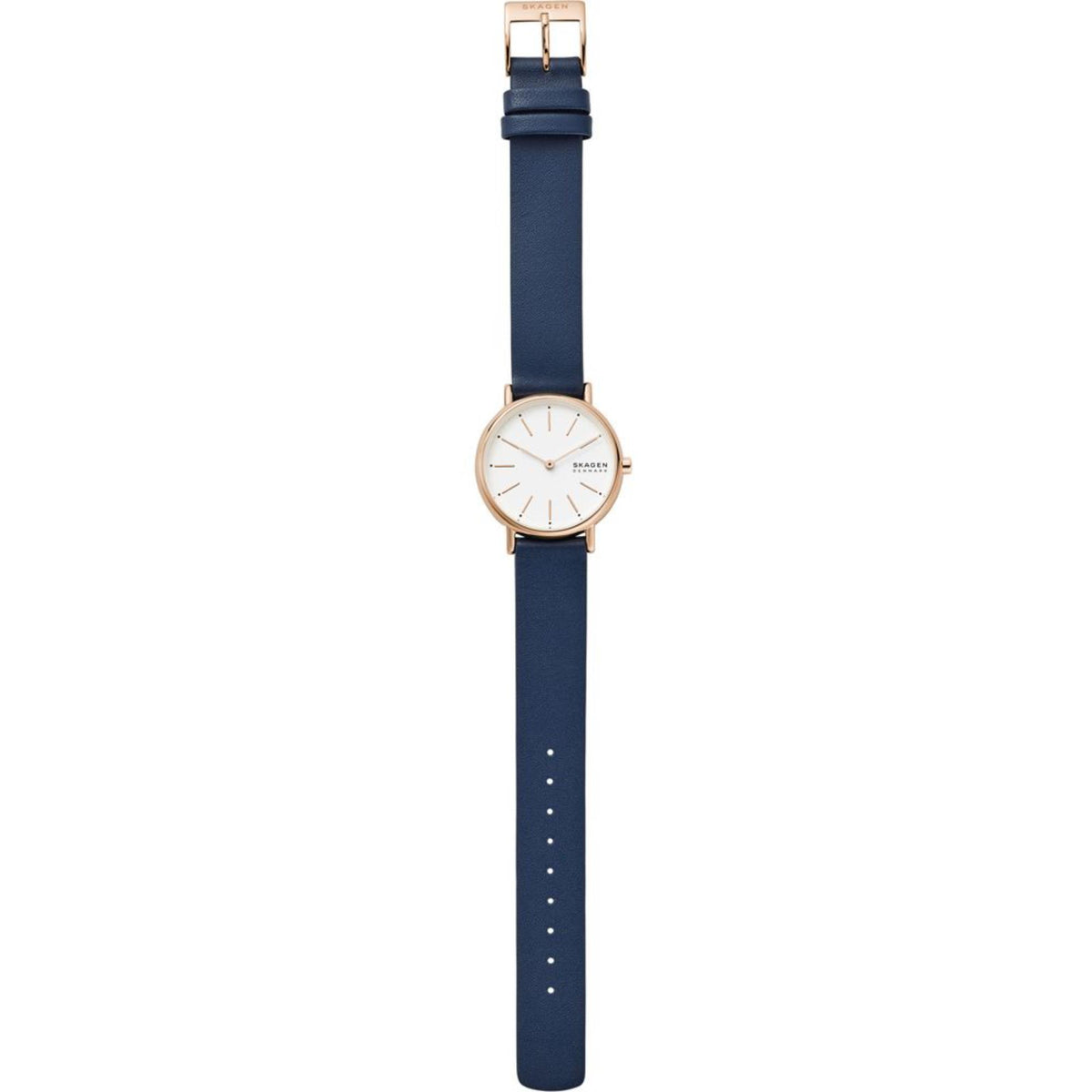 Top-Down Lay-Flat View of Skagen Signatur Lille SKW2838 White Dial Quartz Watch and Blue Leather Strap