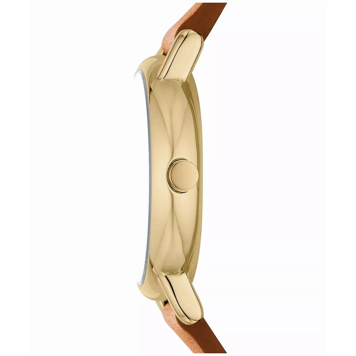 Gold-tone watch side profile with crown, brown leather strap, white dial