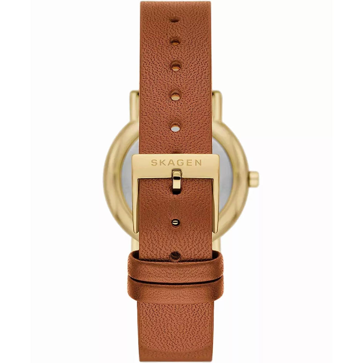 Brown leather watch strap with gold-tone case back and SKAGEN clasp detail
