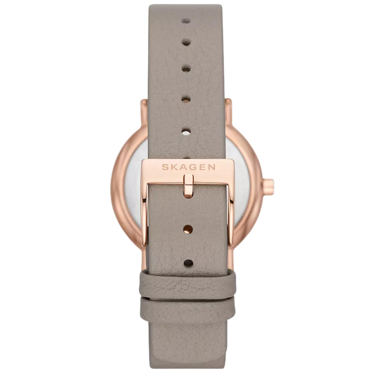 Skagen Signatur watch with grey leather strap, rose-gold case back and pin detail