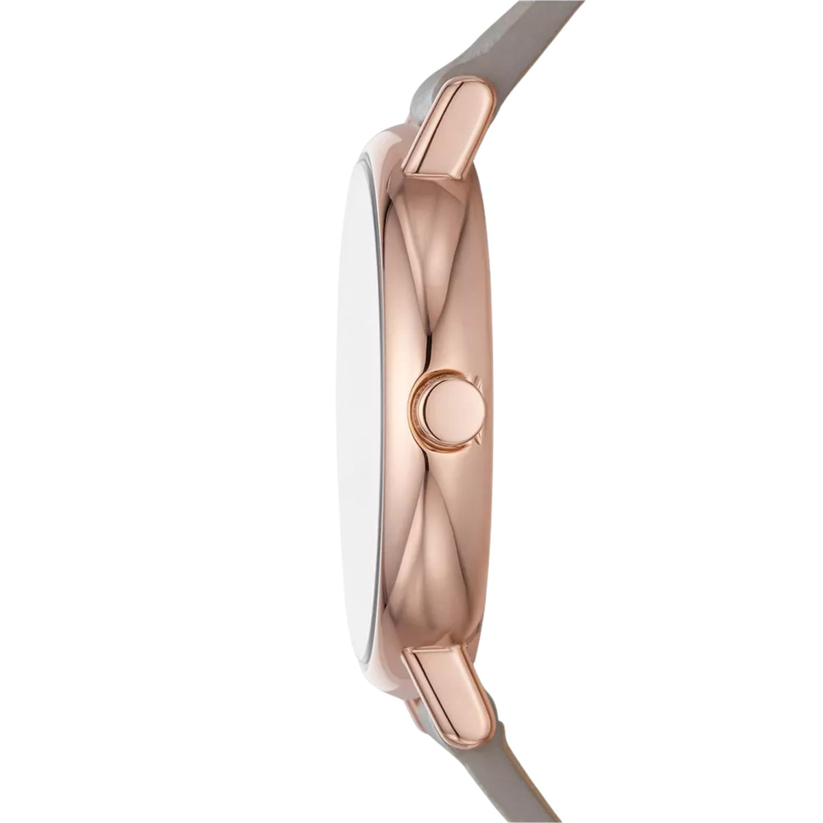Skagen Signatur watch side profile with rose-gold case and grey leather strap