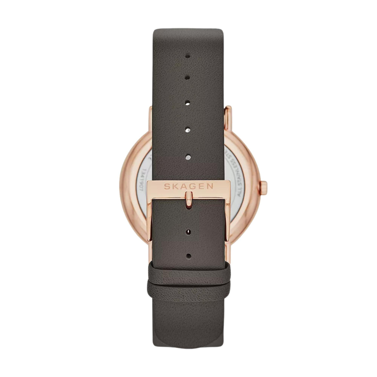 Back of ladies leather quartz watch with rose-gold case and dark strap with holes