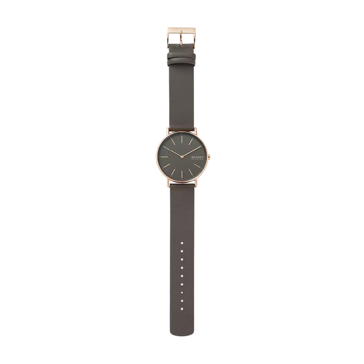 Charcoal dial ladies quartz watch with rose-gold case and dark leather strap