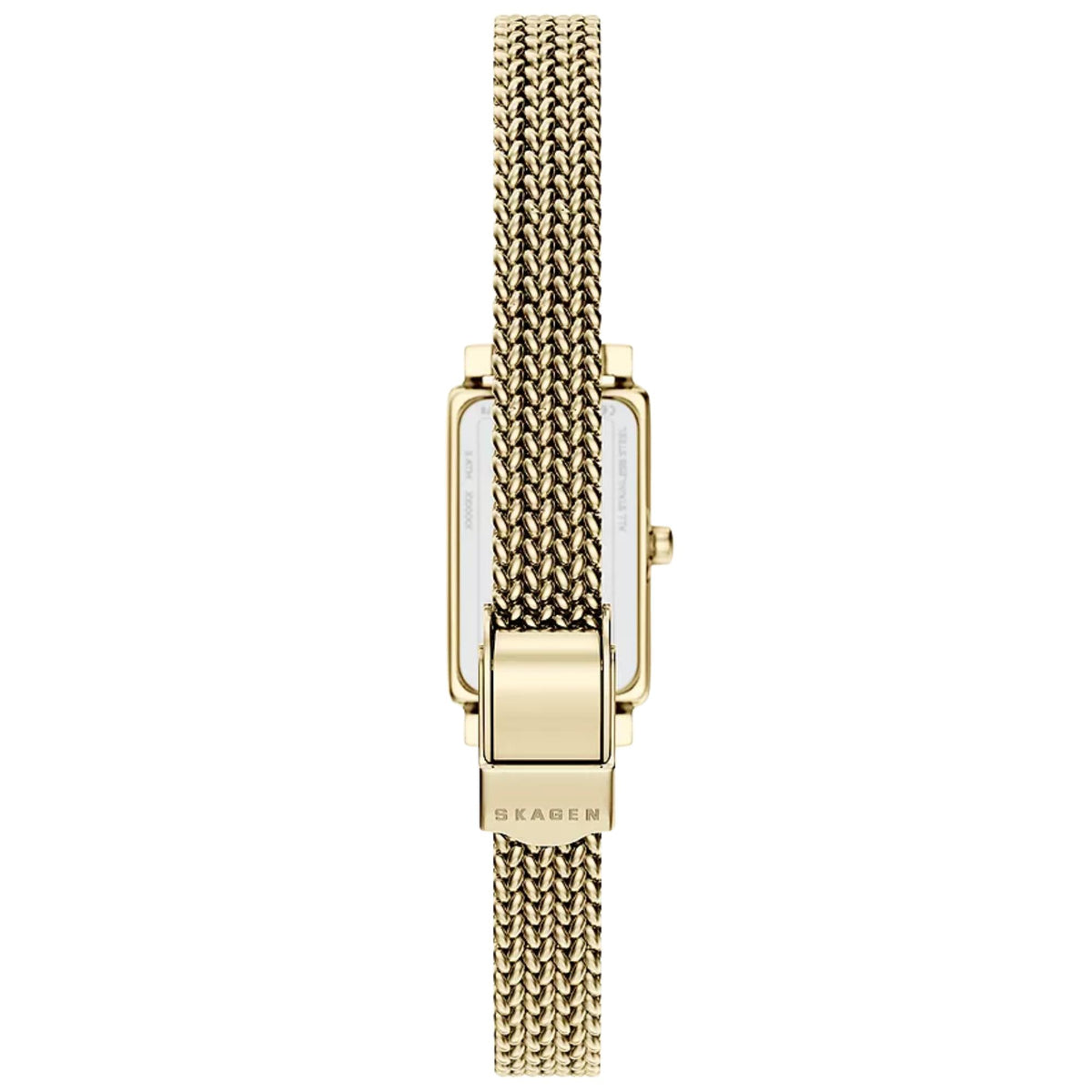 Gold-tone rectangular watch case with crown and mesh bracelet, champagne dial