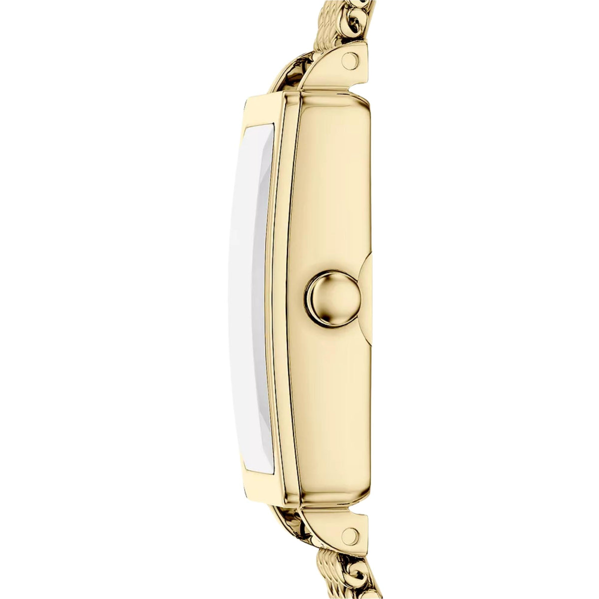 Gold-tone watch case close-up with side button and dial window; mesh strap links