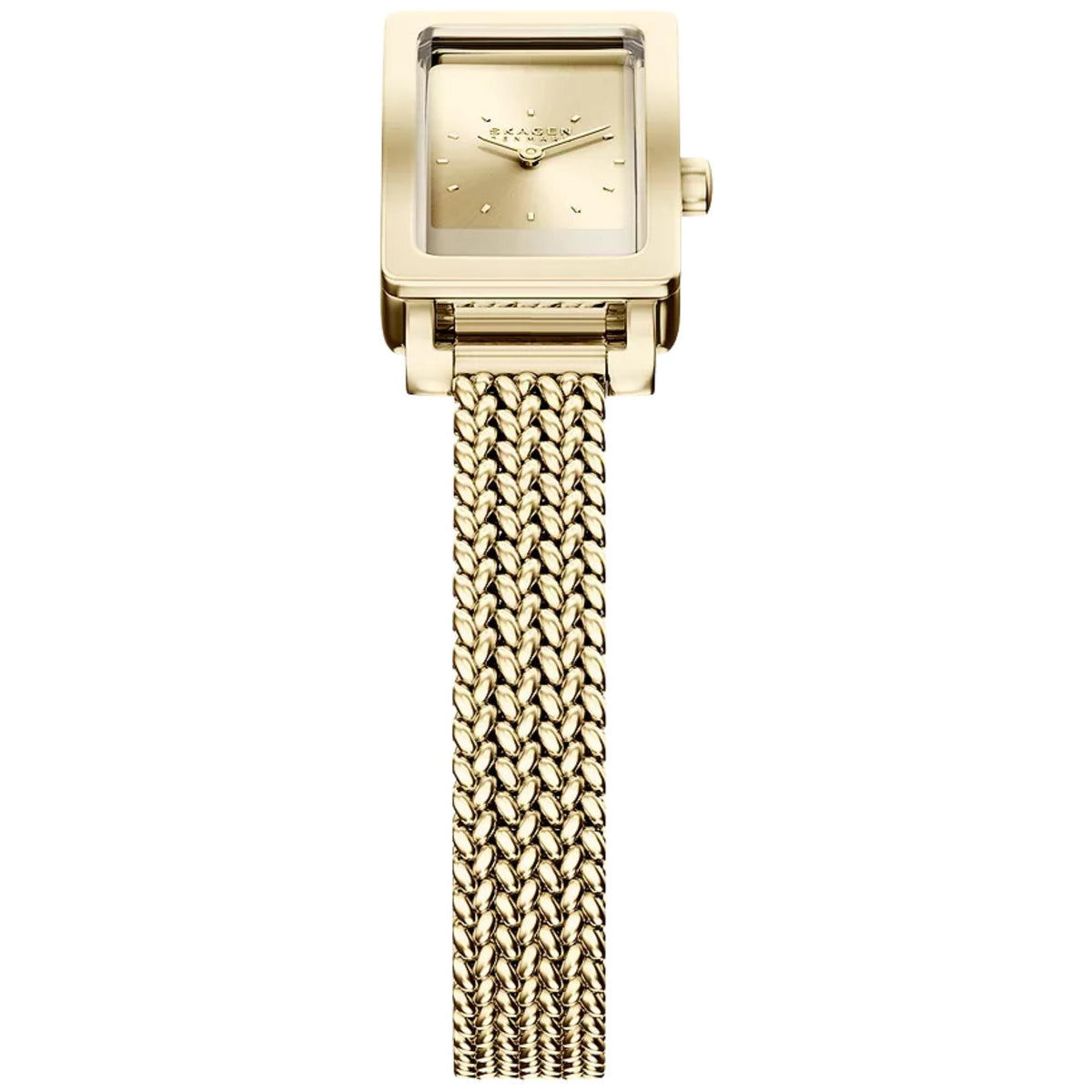 Gold-tone rectangular quartz watch with champagne dial and braided metal mesh band