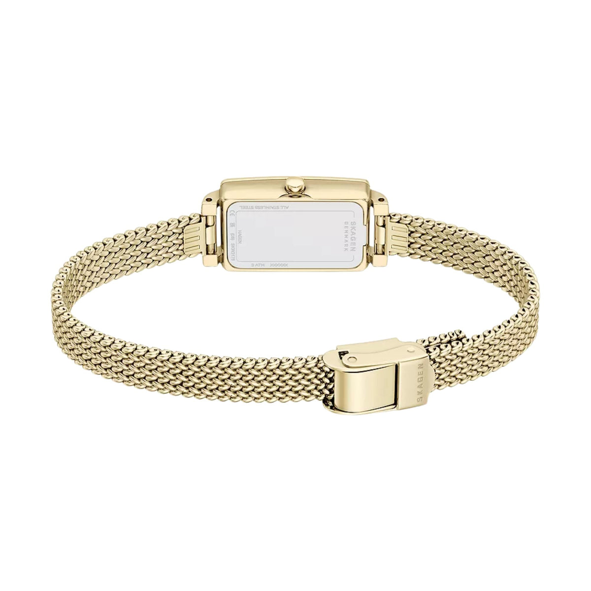 Gold-tone rectangular watch with braided mesh strap and clasp, champagne dial