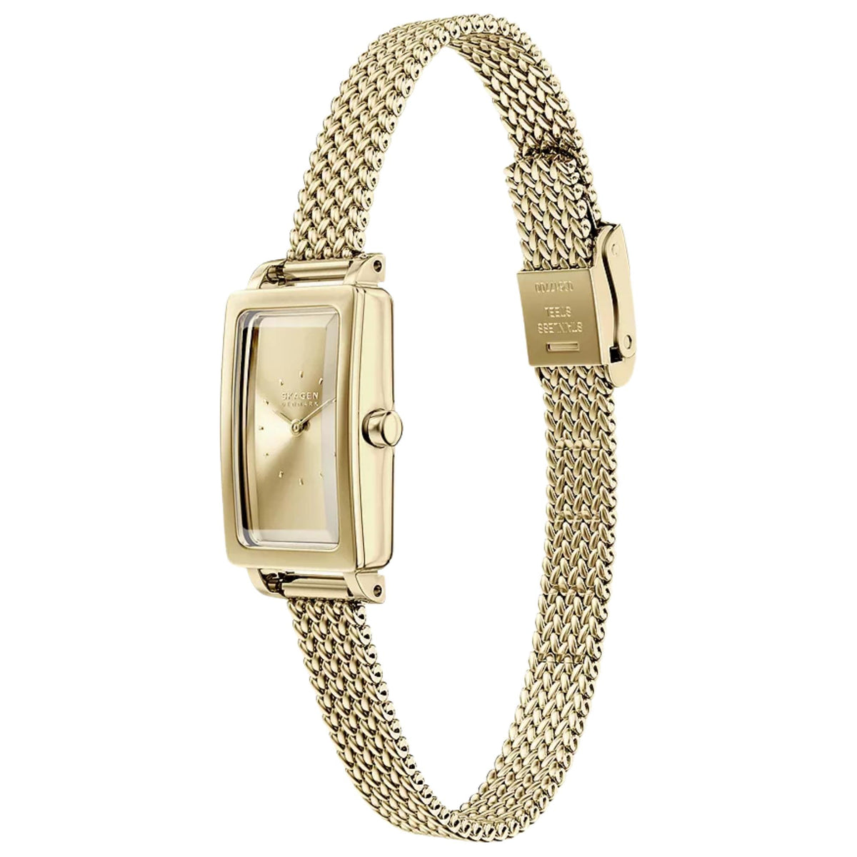 Gold-tone rectangular watch with champagne dial and braided metal mesh bracelet, side view