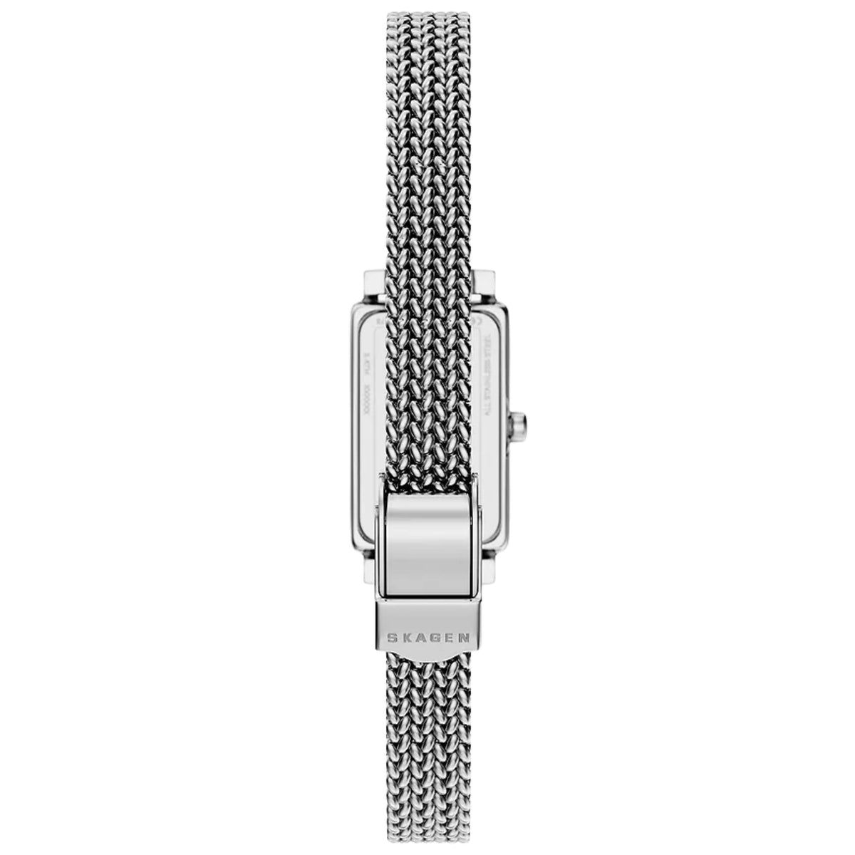 Rectangular watch case view with silver mesh strap and silver dial