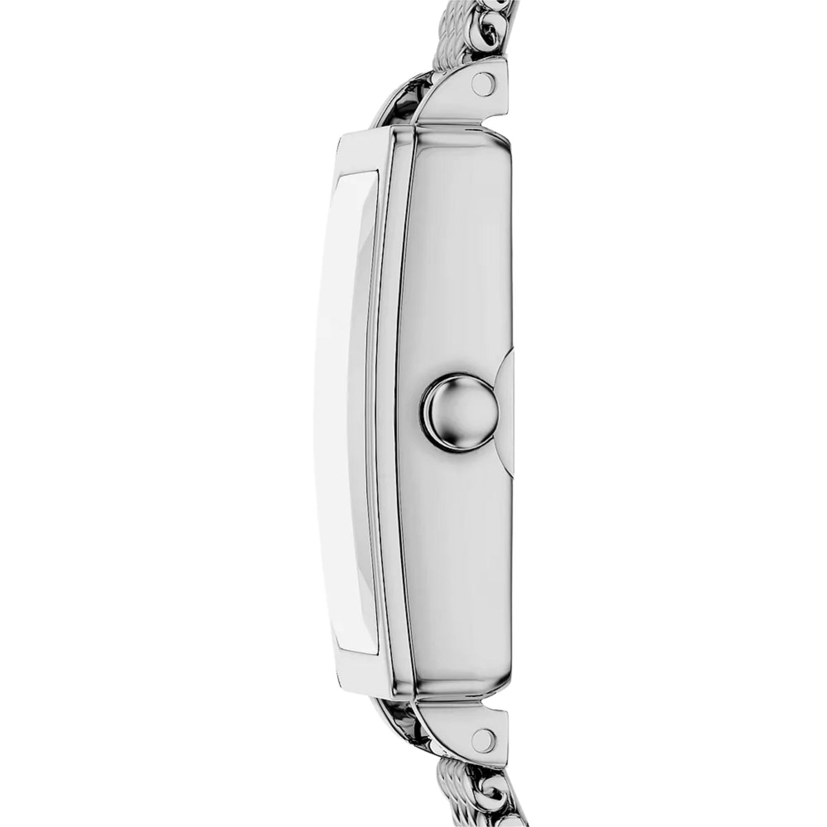 Silver watch case side with crown and rectangular steel body