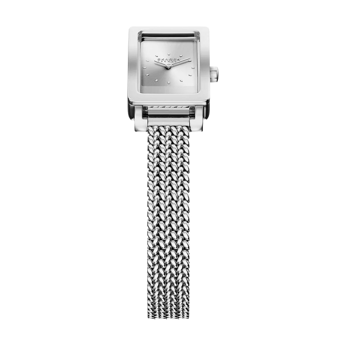 Square-rectangular silver steel watch with silver dial and mesh bracelet