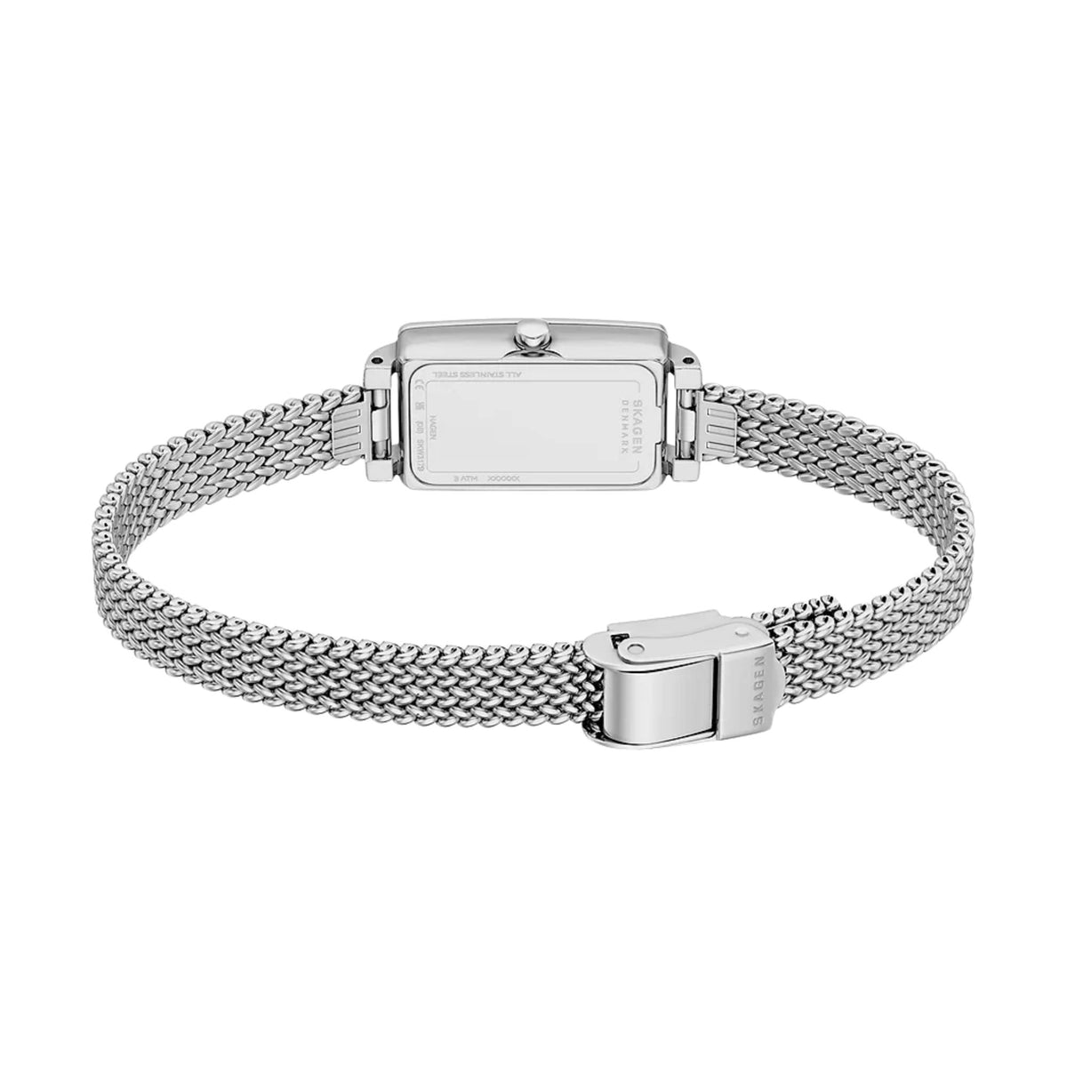 Silver mesh strap quartz watch with rectangular case and clasp