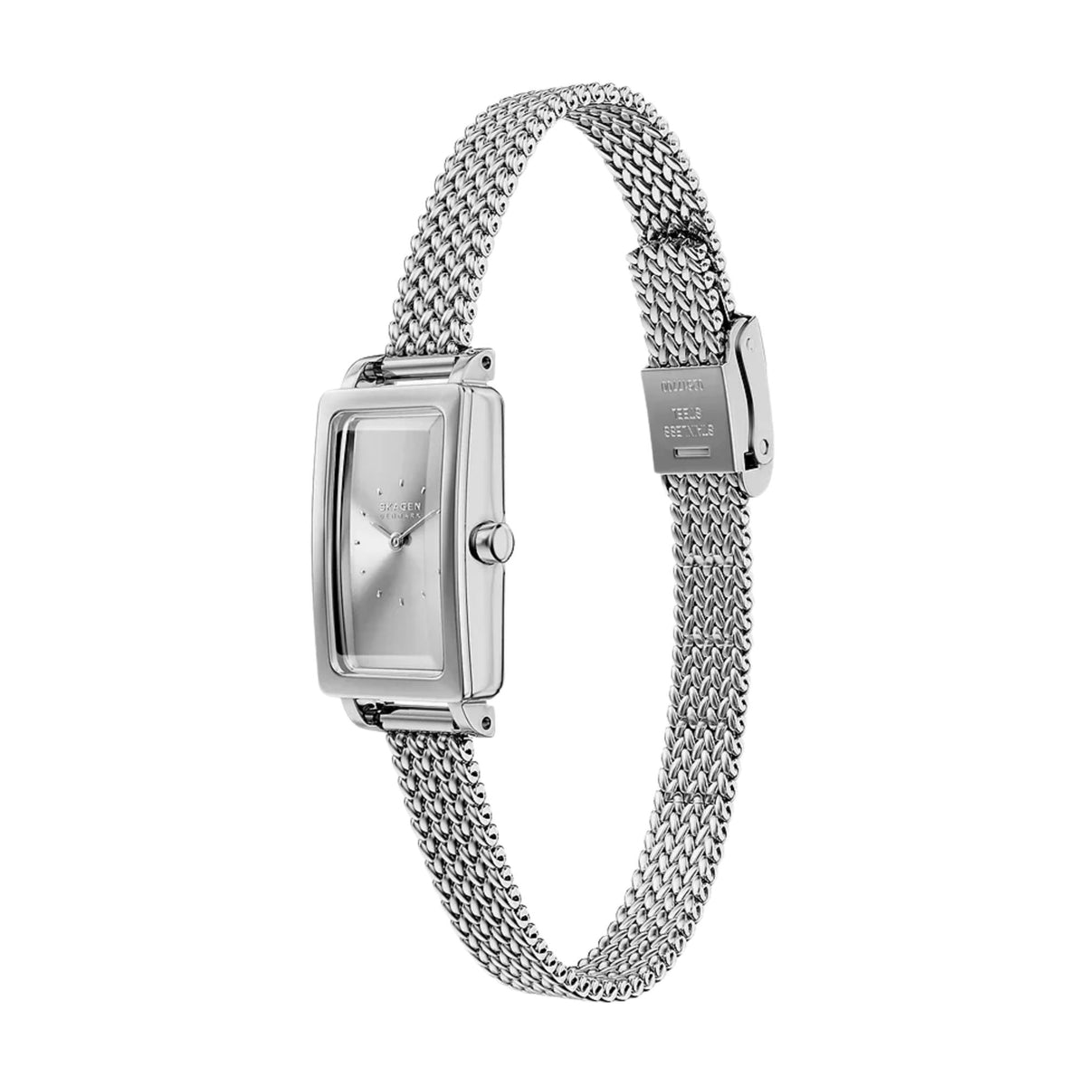 Rectangular silver dial quartz watch with silver mesh bracelet, side view