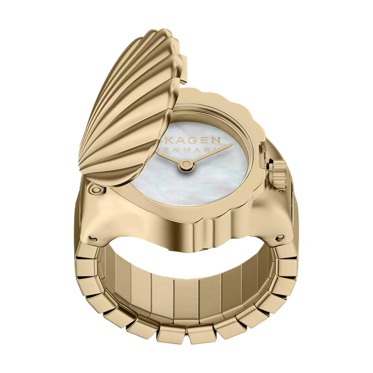 Gold-tone ring watch back with mother-of-pearl inlay and segmented link band
