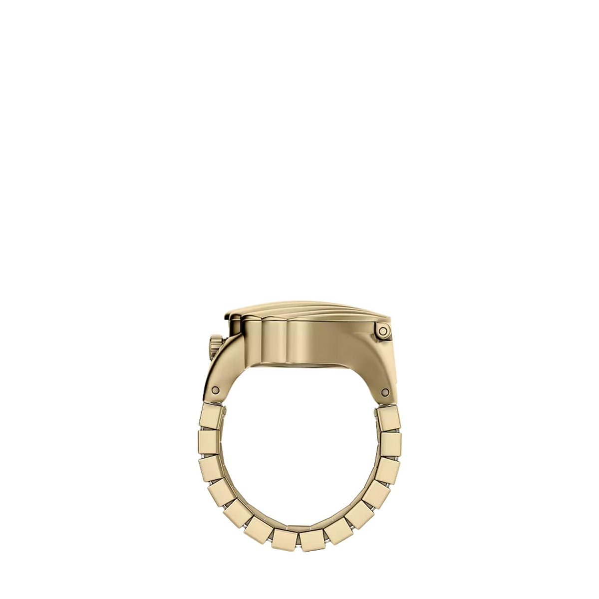 Gold-tone ring watch with linked band and round open case, side view