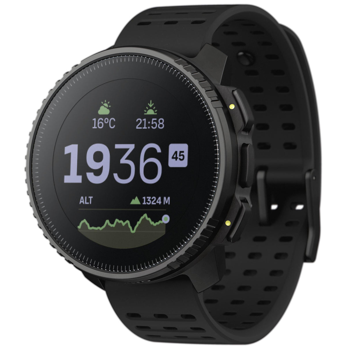 Suunto Vertical SS050862000 All Black Digital Silicone Smart Watch angled front view with silicone strap