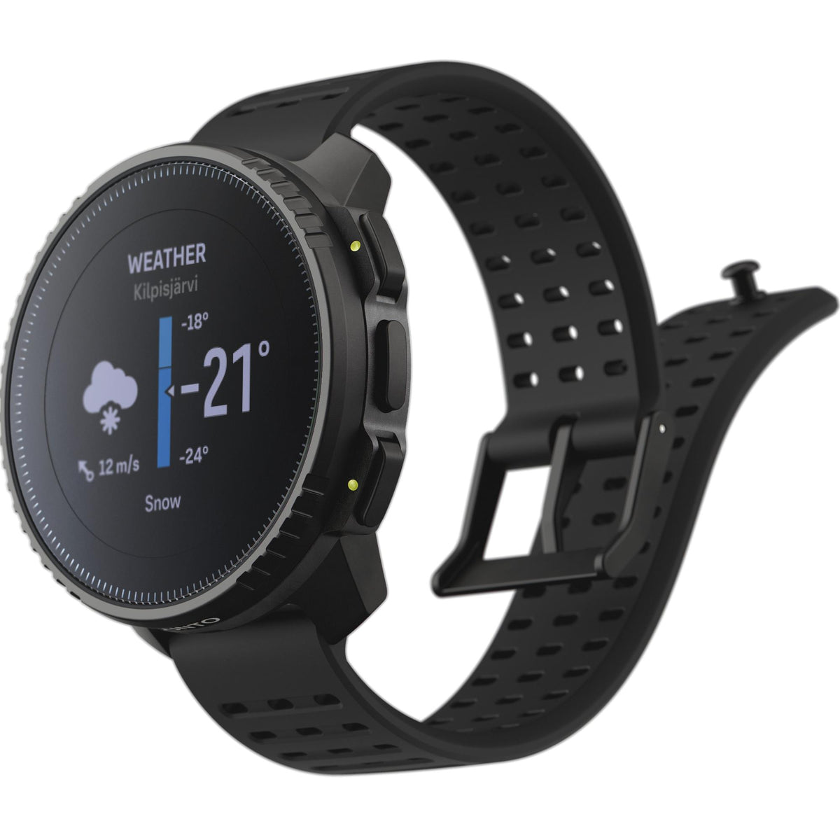 Suunto Vertical SS050862000 All Black Digital Silicone Smart Watch side angle displaying weather screen and buckle