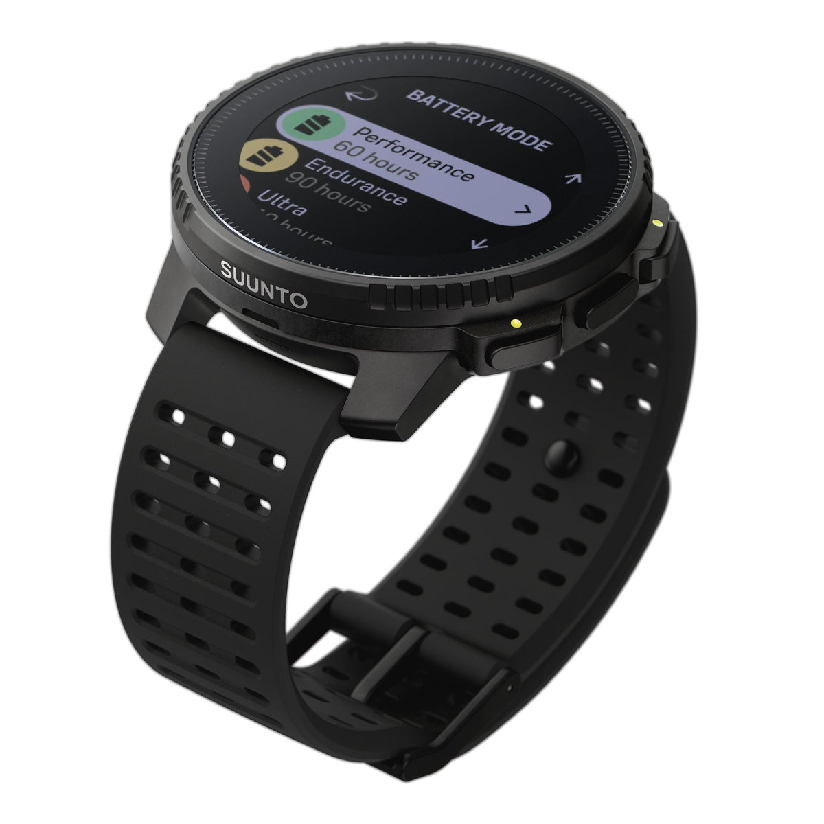 Suunto Vertical SS050862000 All Black Digital Silicone Smart Watch angled view displaying battery mode settings
