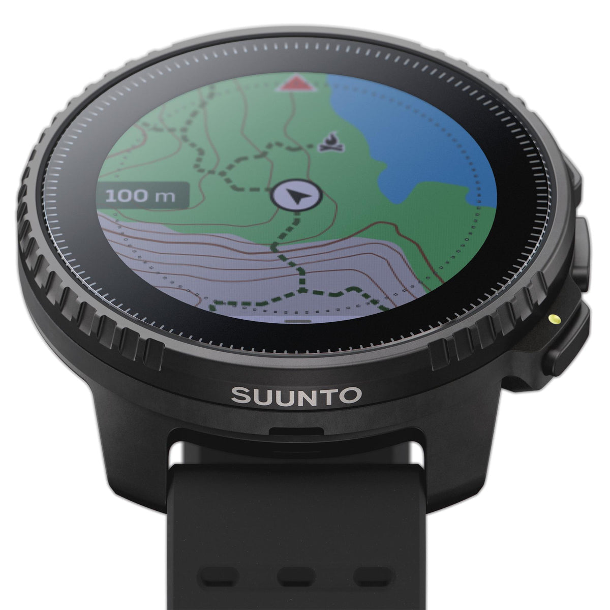 Suunto Vertical SS050862000 All Black Digital Silicone Smart Watch close-up front view displaying topographic navigation map