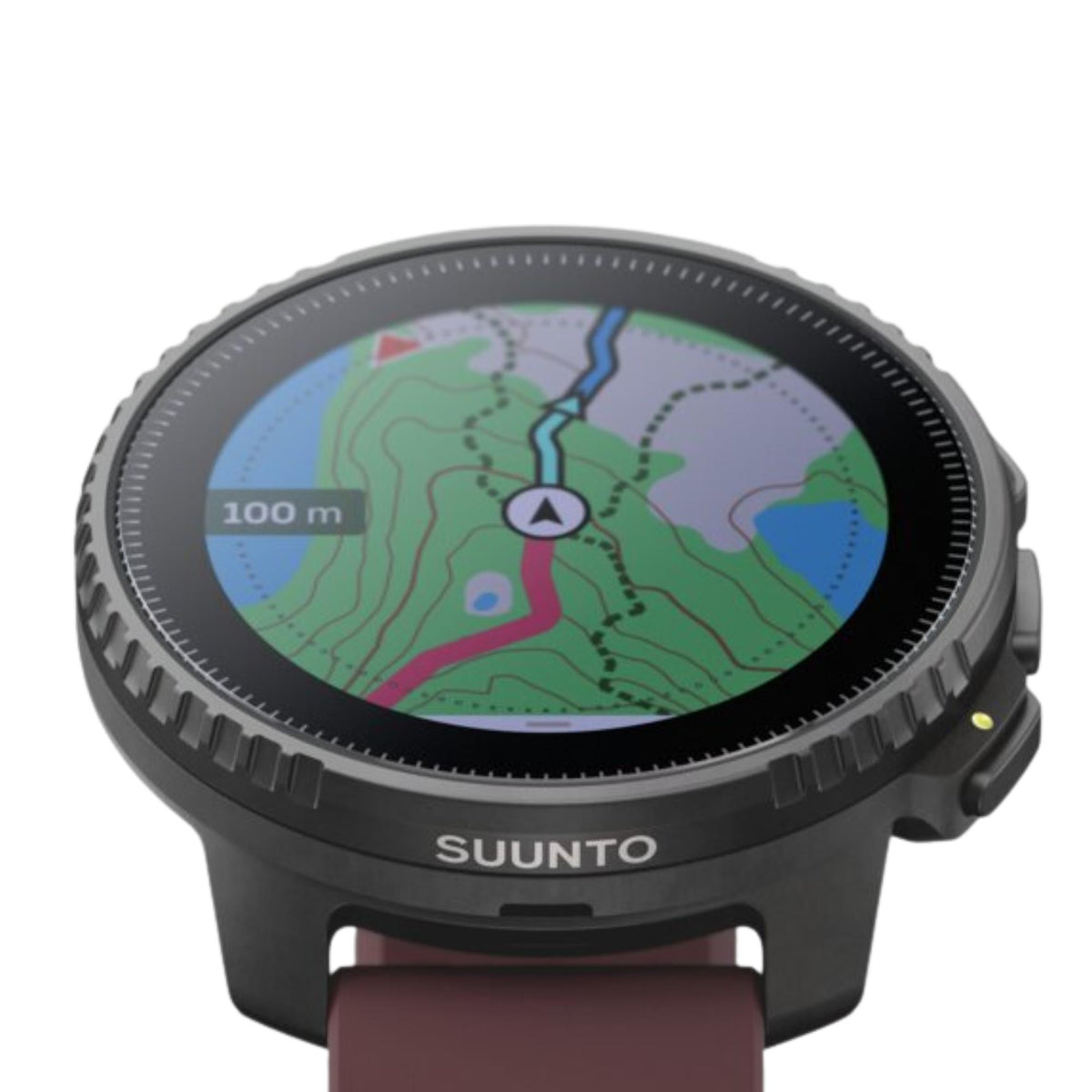 Suunto Vertical Black Ruby SS050865000 close-up top view displaying topographic GPS navigation map screen
