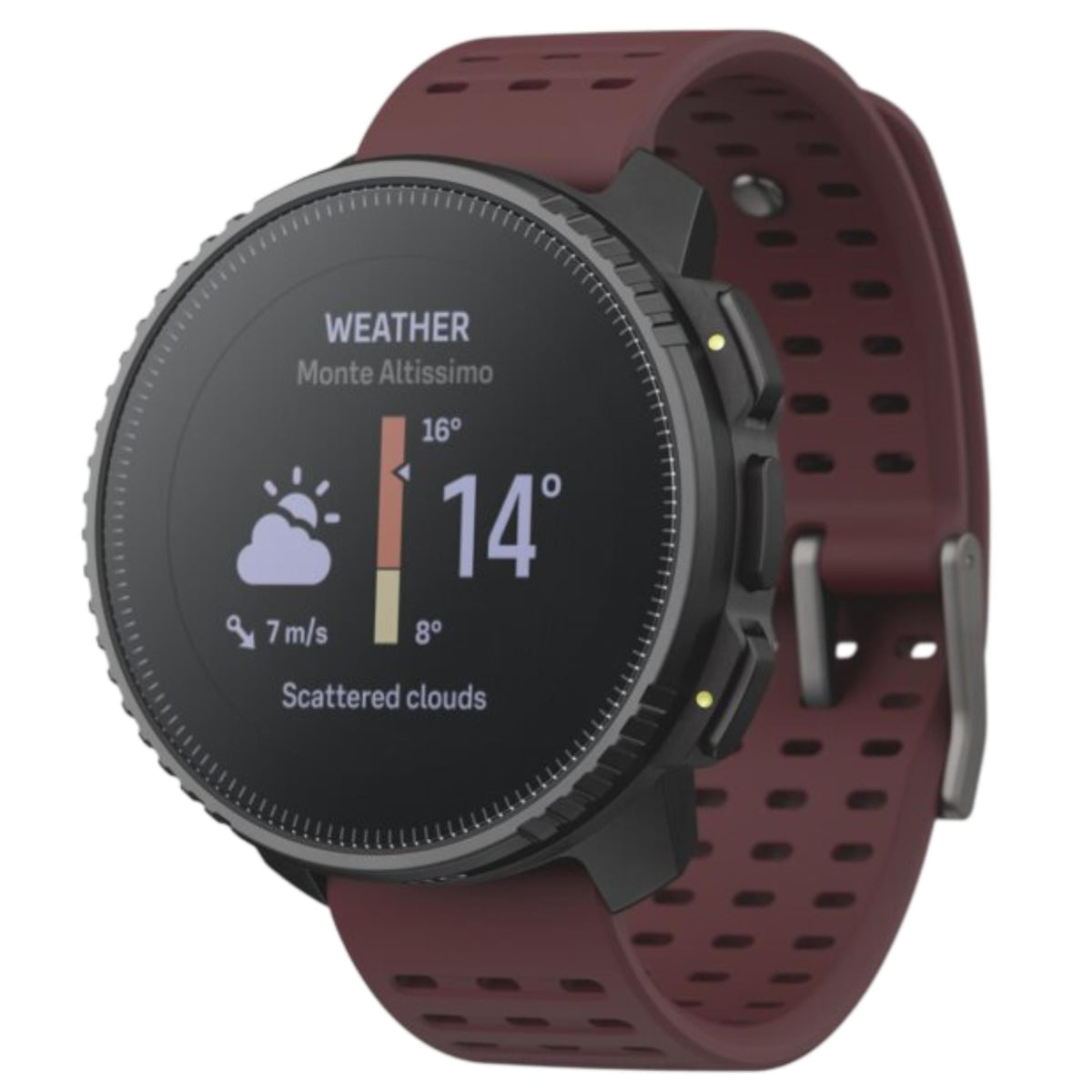 Suunto Vertical Black Ruby SS050865000 angled view showing weather widget interface on circular display