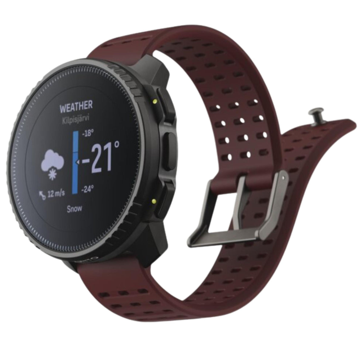 Suunto Vertical Black Ruby SS050865000 dynamic view highlighting temperature forecast display and buckle closure