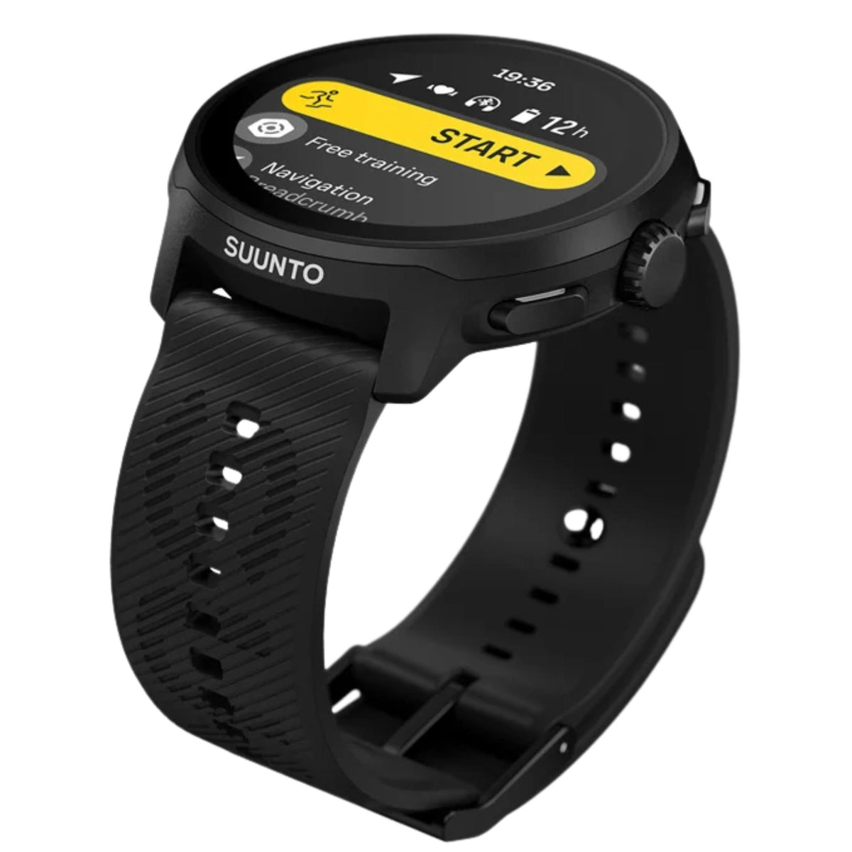 Suunto Run SS051272000 perspective view featuring workout tracking menu screen and textured strap