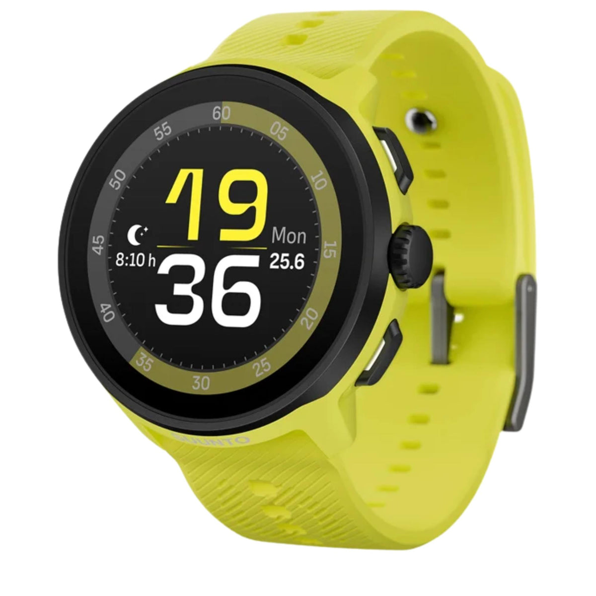 Angled view of the lime green watch casing and silicone strap showing the primary time screen layout