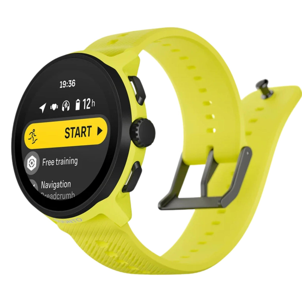 Angled view of the watch displaying a workout menu option, highlighting the black side pushers and crown