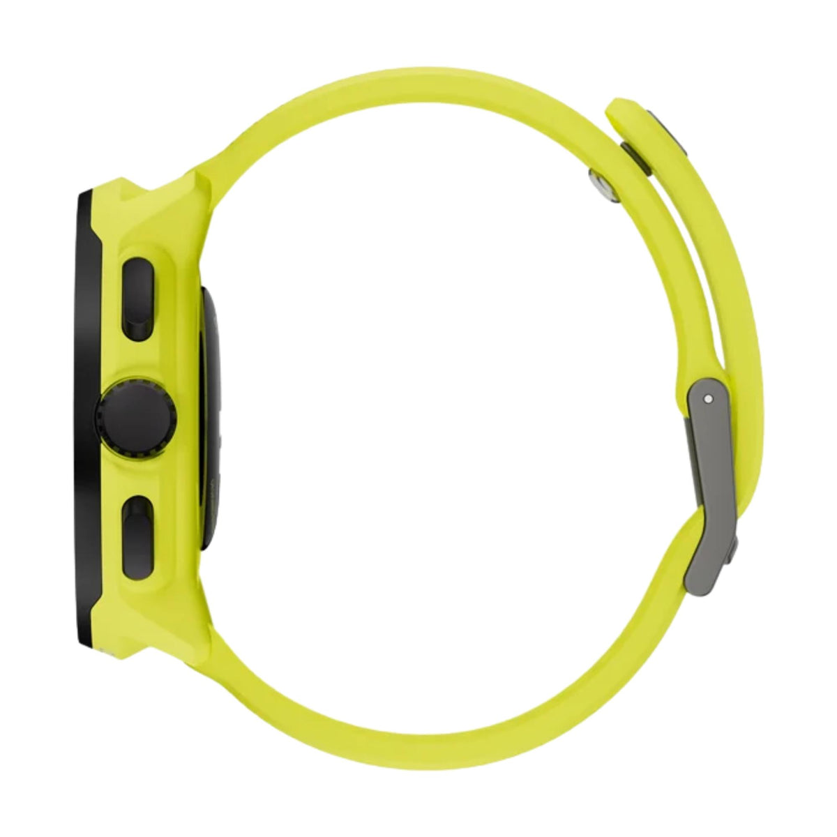 Side profile view of the smart watch body highlighting its slim lime green case and curved silicone strap