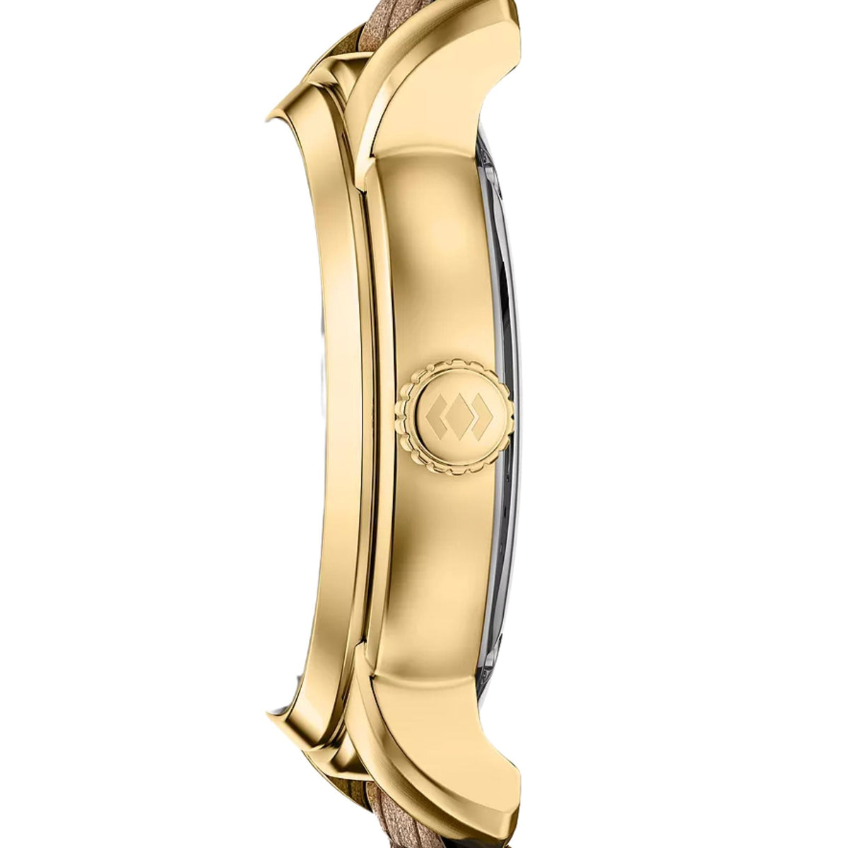 Gold-tone watch case with curved profile and brown leather strap
