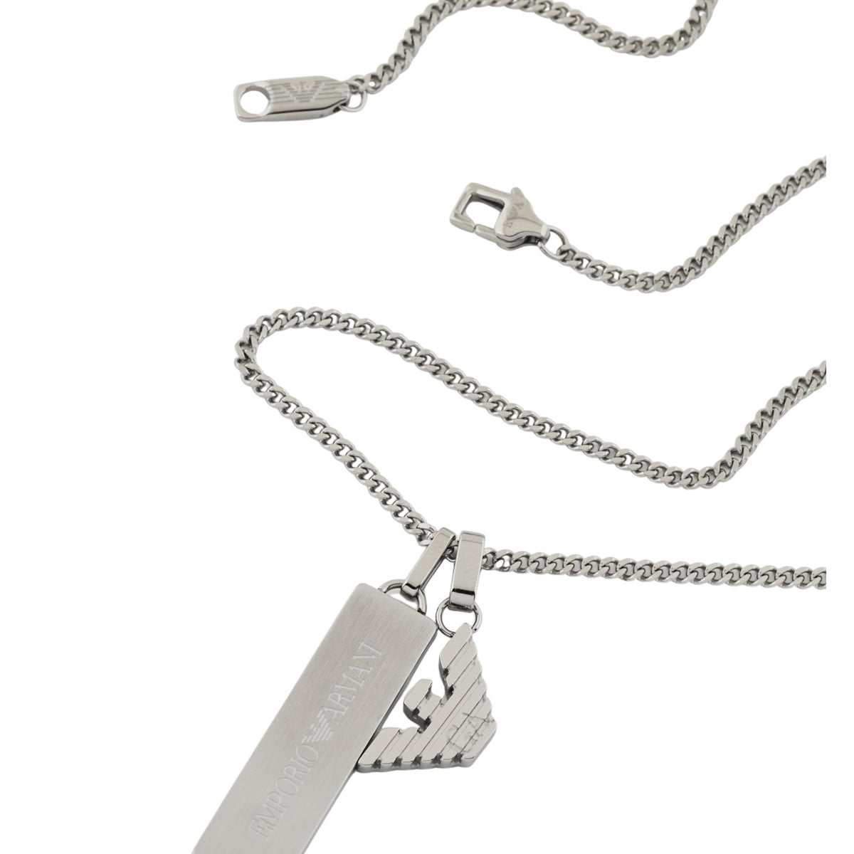 Close-up view of Emporio Armani mens necklace EGS3306040 displaying engraved rectangular bar tag and eagle logo motif