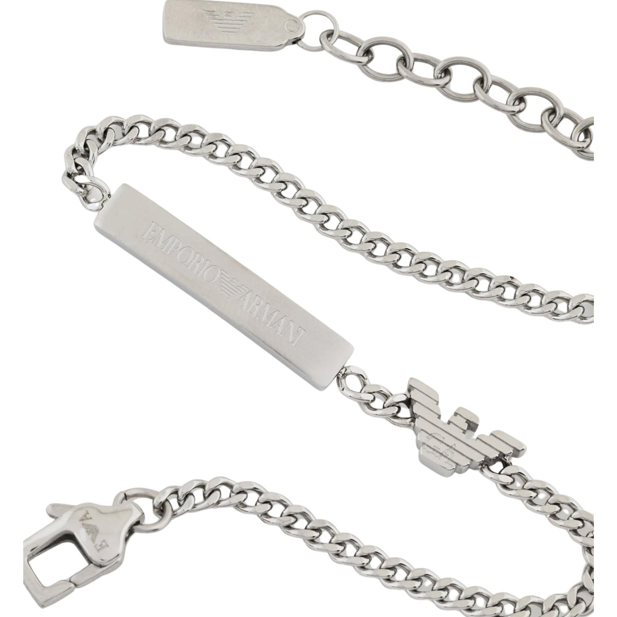 Close-up view of Emporio Armani mens bracelet EGS3310040 showing engraved rectangular ID plate and eagle charm