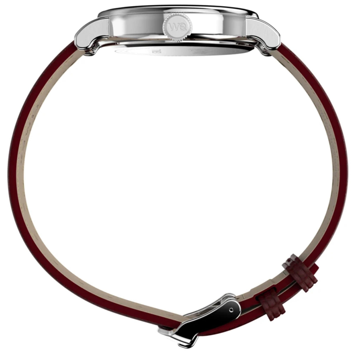 Burgundy leather watch strap with silver-toned buckle and case lugs