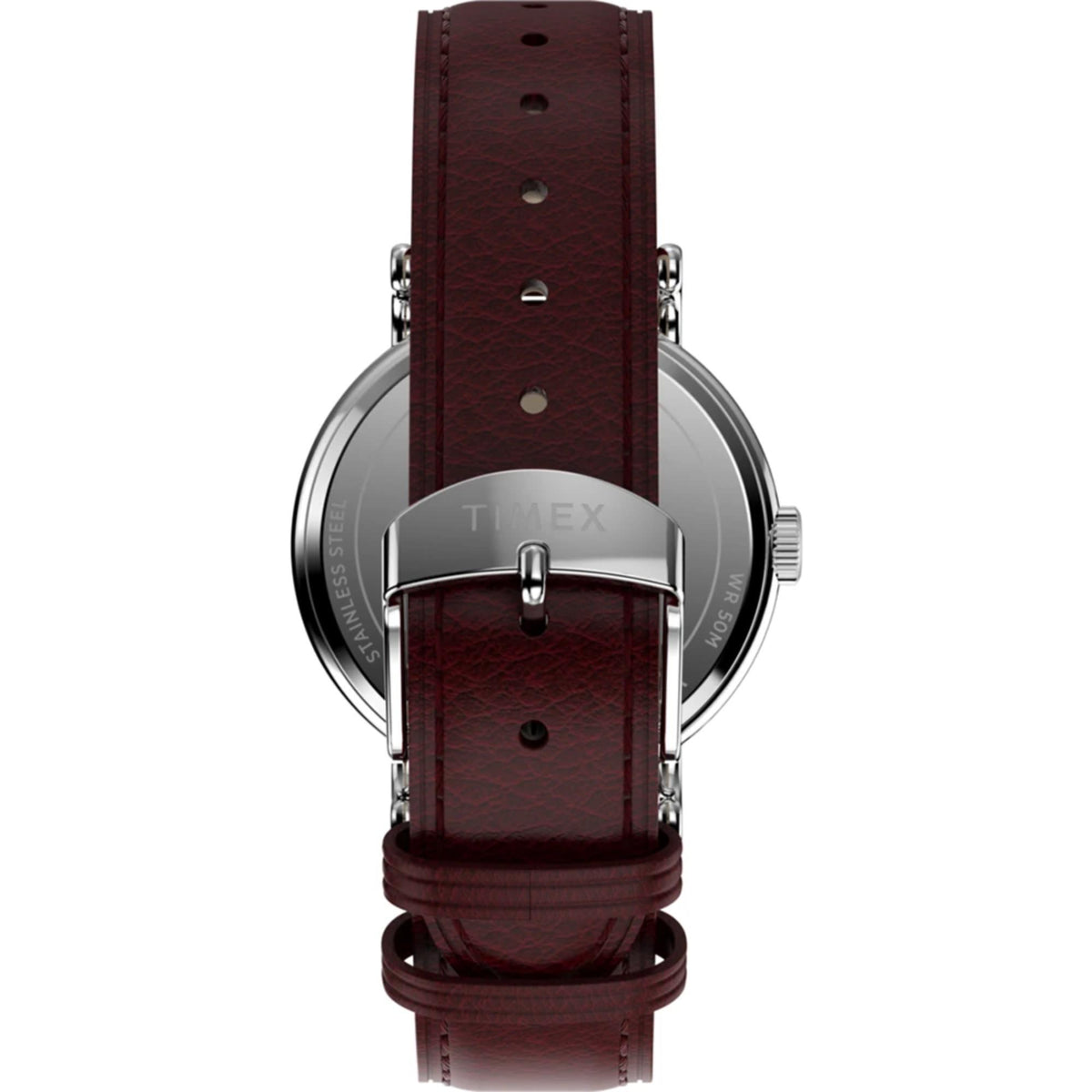 Men's quartz watch with burgundy leather strap and silver-toned case, rear view