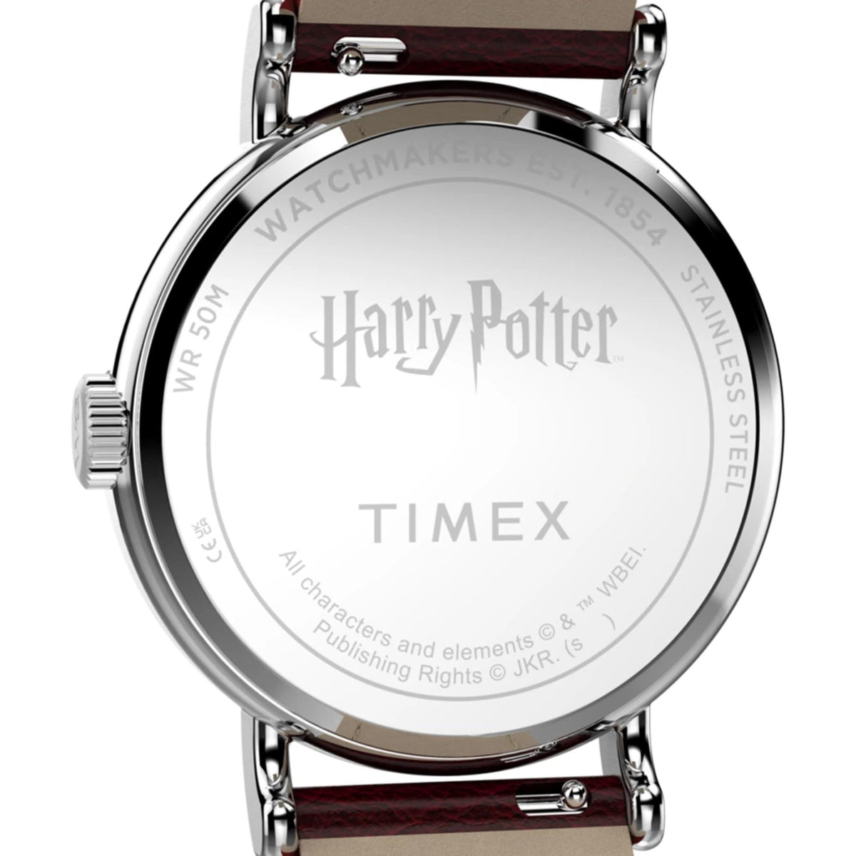 Stainless-steel watch caseback with Harry Potter text, burgundy leather strap