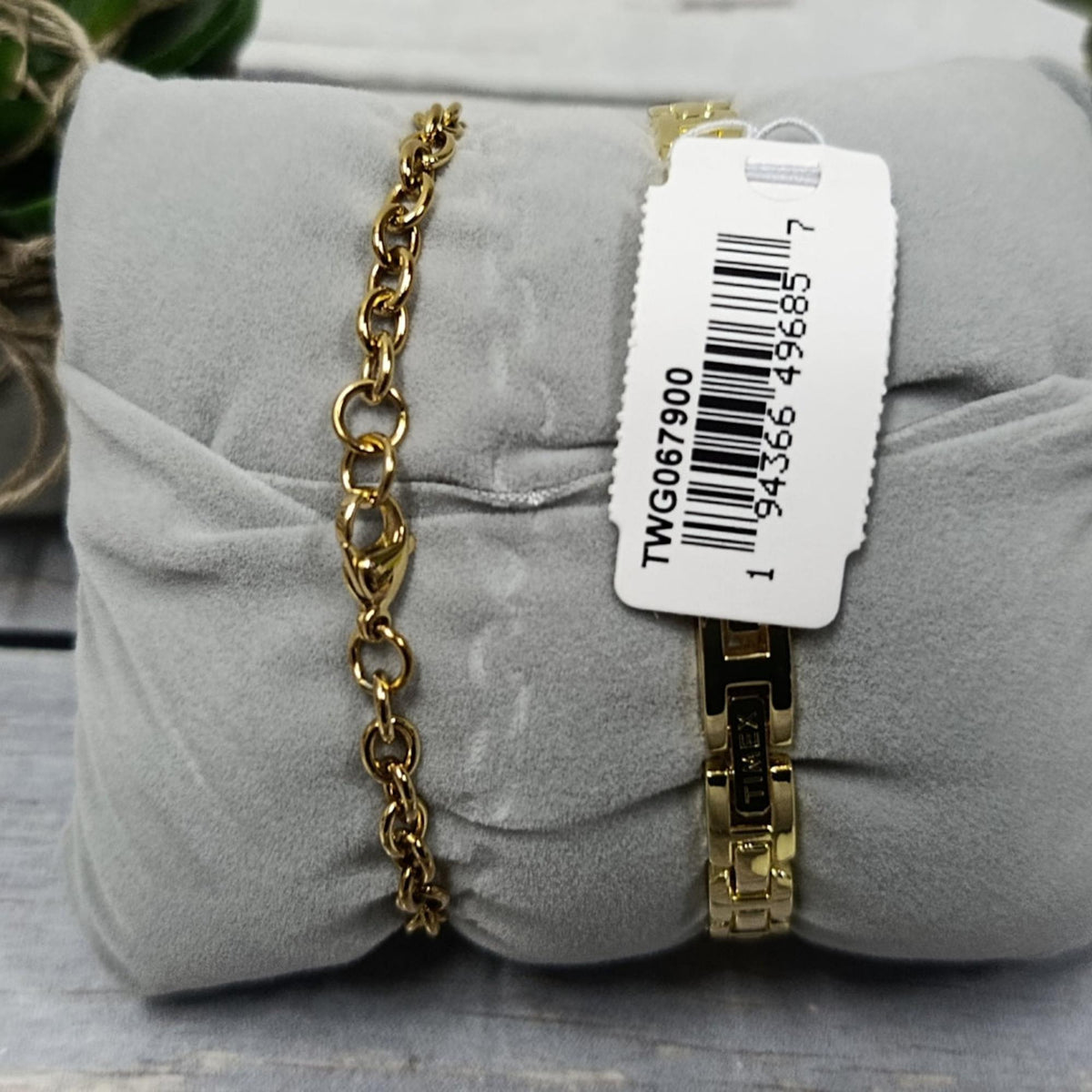 Timex Trend gold-tone watch TWG067900 and heart charm bracelet with clasp; barcode tag visible