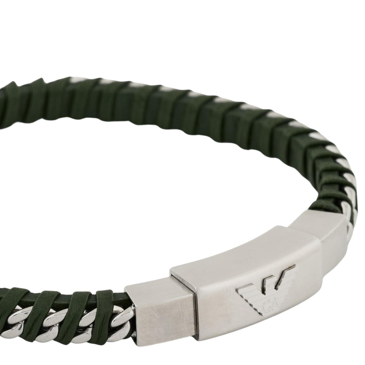 Close-up view of Emporio Armani mens bracelet EGS3320040 showing engraved eagle logo clasp and green leather wrapping over steel links