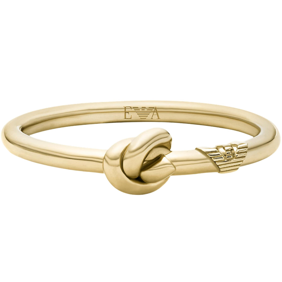 Gold-tone women's ring with sculpted knot centerpiece and logo detailing