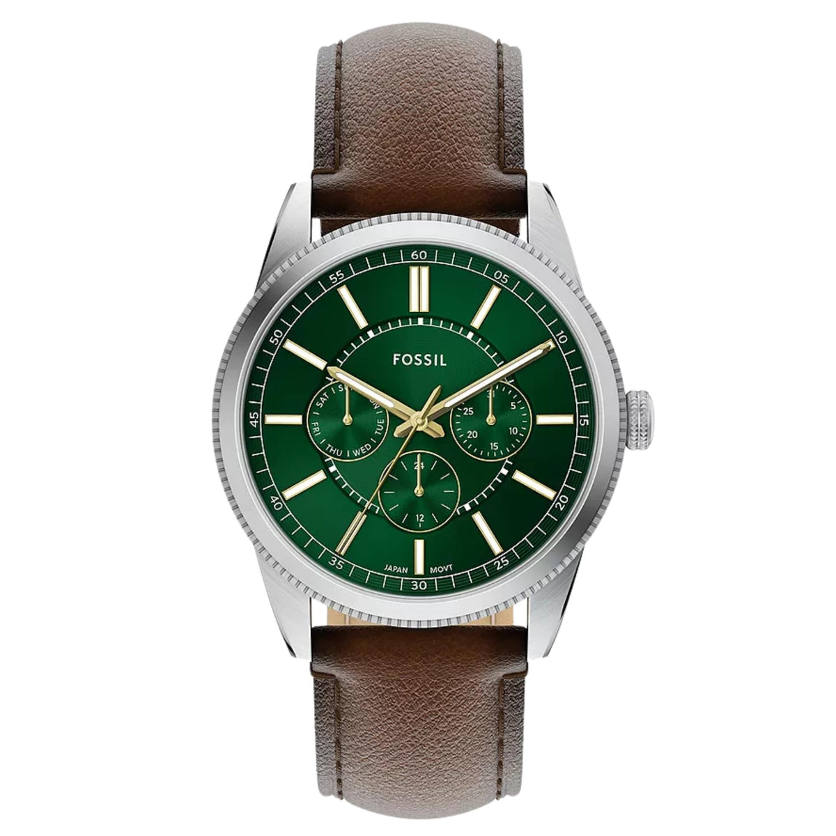 Front view of Fossil Pearson FS6137 mens watch displaying the green dial, silver-tone steel case, and brown leather strap