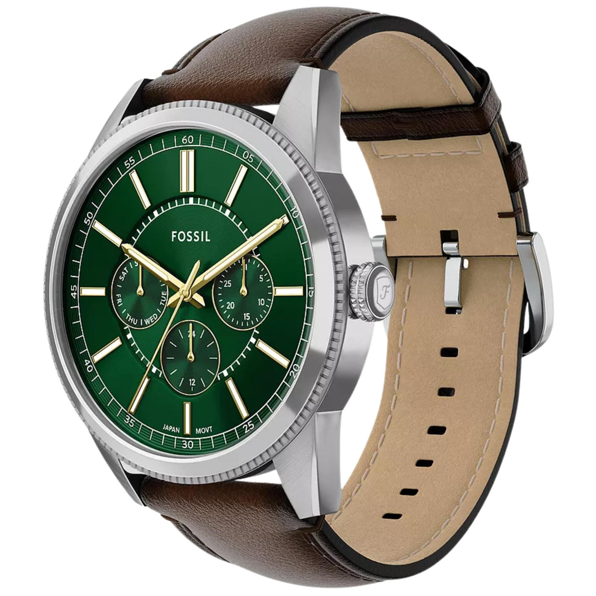 Three-quarter perspective of Fossil Pearson FS6137 mens watch detailing the green dial, sub-dials, and brown leather strap