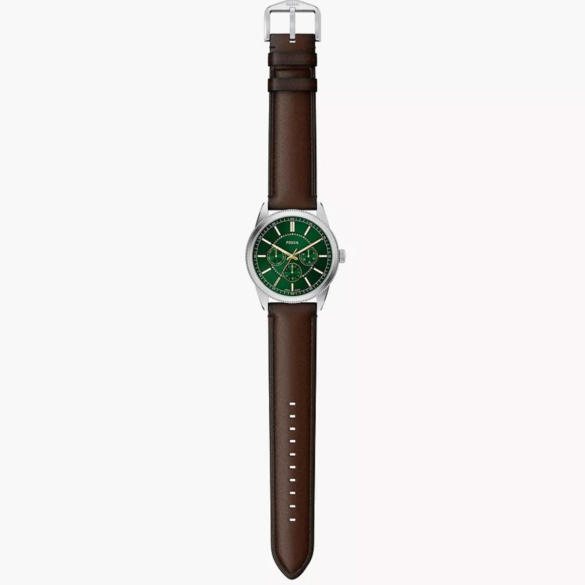 Flat lay layout of Fossil Pearson FS6137 mens chronograph highlighting the complete brown leather strap, silver-tone case, and green dial