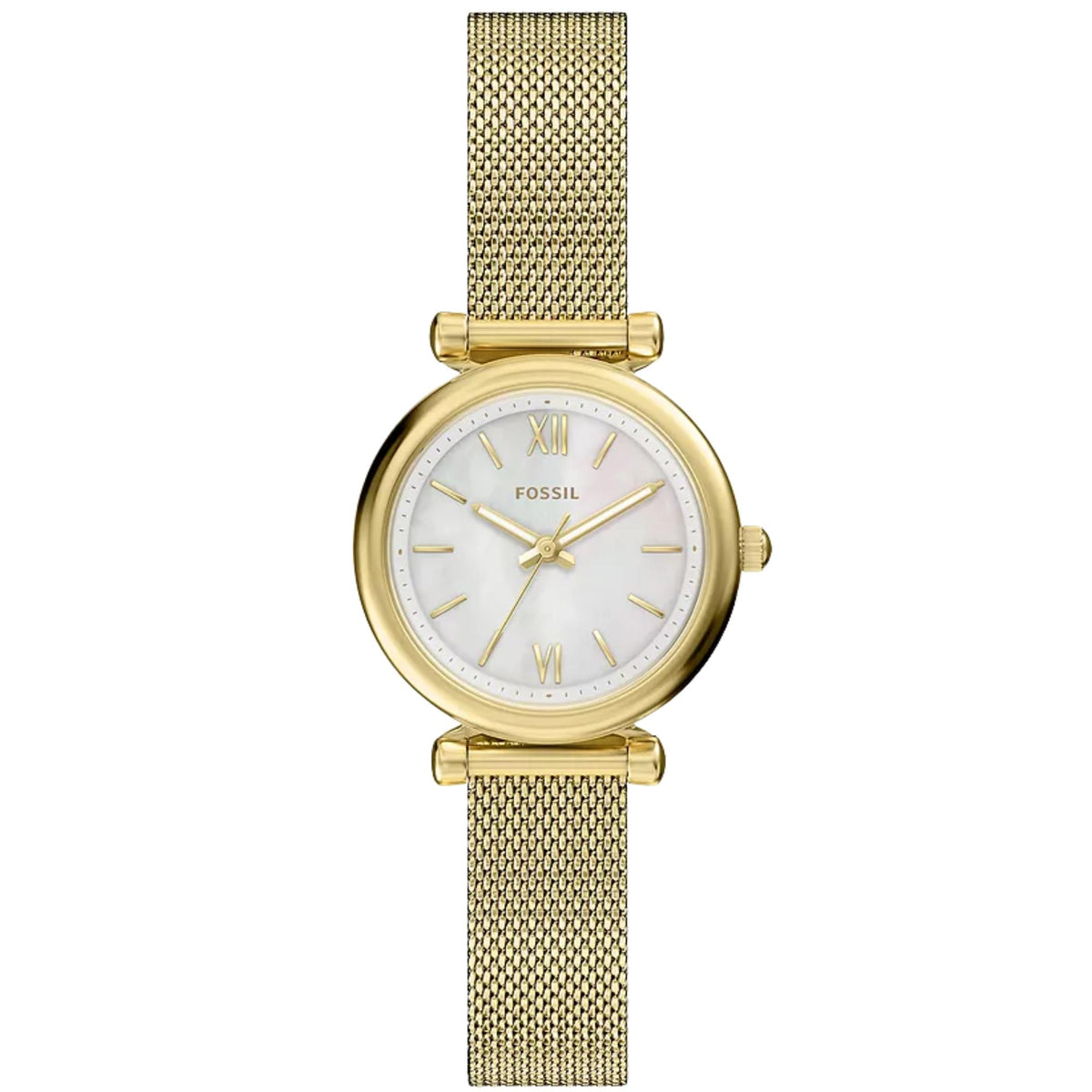 Fossil Carlie ES5462 front view displaying mother of pearl dial with round gold case and steel mesh strap