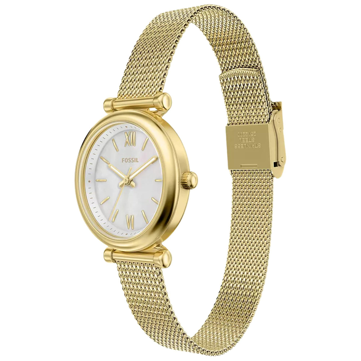 Fossil Carlie ES5462 angled view showing mother of pearl dial with gold case detail and mesh bracelet   